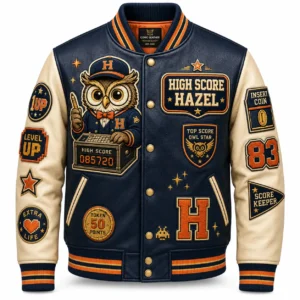Front view of men's High Score Hazel leather varsity jacket showing owl mascot arcade patch, letter H emblem, and snap-button front.