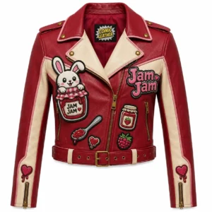 Front view of women's Jam Jam red and cream leather moto jacket featuring asymmetrical brass zipper, belt, and bunny patch.