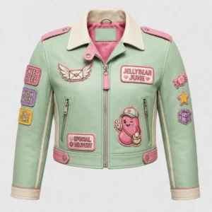 Front view of women's mint green Jellybean Express moto leather jacket with pink trim and cute embroidered patches.