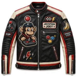 Front view of men's black Joystick Joey leather café racer jacket with monkey mascot patch, Joystick Joey emblem, and red racing stripes.