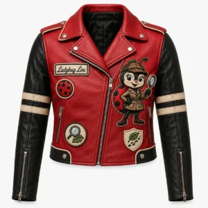Front view of women's red Ladybug Lou asymmetric moto leather jacket with ladybug detective mascot and magnifying glass patch.