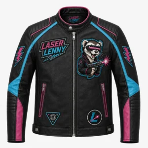 Front view of men's black Laser Lenny leather racer jacket with neon pink piping, cyan sleeve accents, and laser ferret mascot patch.