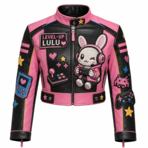 Front view of women's black and pink Level-Up Lulu leather café racer jacket with gamer bunny mascot patch and arcade joystick graphics.