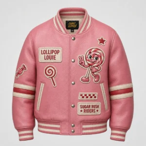 Front view of men's pink Lollipop Louie bomber leather jacket with cartoon mascot patches and sleeve stripes.