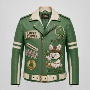 Front view of men's forest green Lucky Clover moto leather jacket with cream lapels and clover patches.