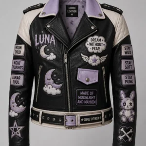 Front view of women's black leather jacket featuring lavender lapel collar, DREAM WITHOUT FEAR patch, quilted cream shoulders, and CHASE THE MOON belt.