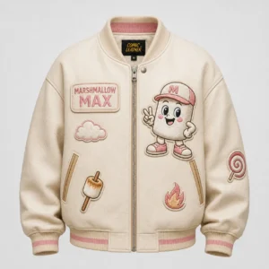 Front view of men's off-white Marshmallow Max bomber leather jacket with cartoon mascot patches and ribbed trim.