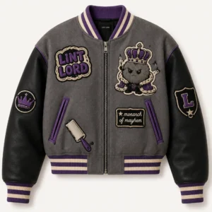 Front view of men's charcoal gray and black Lint Lord varsity bomber jacket with purple patches and lint roller graphic.