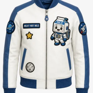 Front view of men's white and royal blue Milky Way Milo leather jacket with space patches and zipper closure.