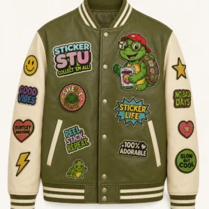 Front view of men's olive green and cream Sticker Stu turtle bomber jacket with colorful sticker patches.