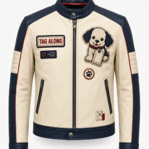 Front view of men's off-white and navy blue Tag Along puppy biker leather jacket with tag along patches and band collar.