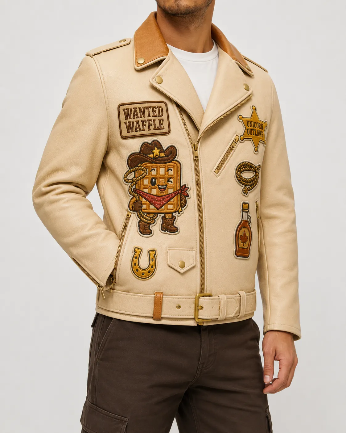 Model wearing men's beige Wanted Waffle moto leather jacket with tan lapels styled with brown cargo pants.