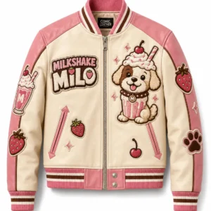 Front view of men's cream and pink Milkshake Milo leather varsity jacket showing Milo puppy patch, title graphic, and striped trim.