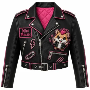 Front view of women's black and pink Mini Menace moto leather jacket with punk hamster patch and spiked shoulders.