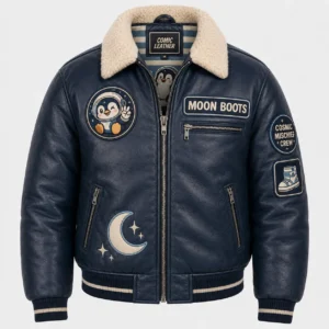 Navy leather aviator jacket with shearling collar, astronaut penguin patch and Moon Boots chest patch, front view