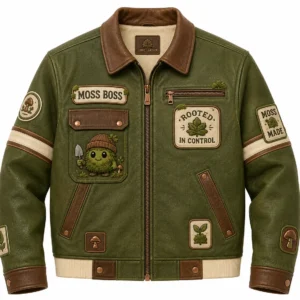 Front view of men's green Moss Boss trucker leather jacket featuring moss mascot patch and brown trim.
