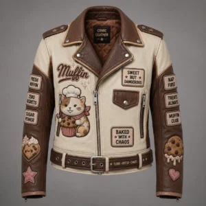 Front view of cream and chocolate brown leather motorcycle jacket with baker cat graphic, Muffin text script, SWEET BUT DANGEROUS patch, and waist belt.
