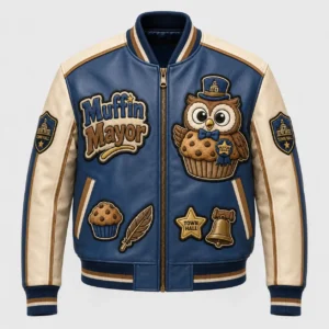 Front view of men's Muffin Mayor leather varsity jacket featuring owl mayor in a muffin patch, town hall badges, and striped trim.