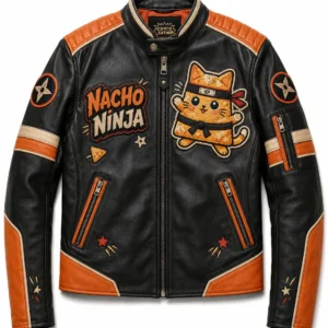 Front view of men's Nacho Ninja black and orange leather racer jacket with ninja cat patch, title text, and band collar.