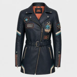 Front flat lay view of women's dark navy leather moto jacket with asymmetrical zip closure, orange quilted inner lining, lapel collar, belted waist, and cosmic noodle character patches.