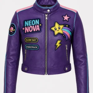 Front view of women's purple Neon Nova café racer leather jacket with pink shoulders and cosmic patches.