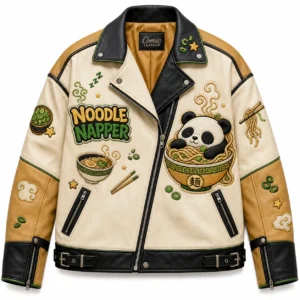 Front view of men's Noodle Napper leather motorcycle jacket featuring sleeping panda in ramen bowl patch and black lapels.