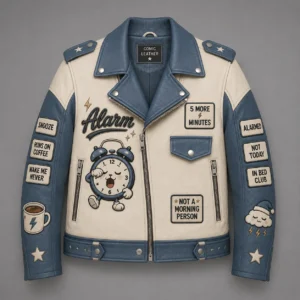 Front view of cream and slate blue leather moto jacket with lapel collar, yawning alarm clock graphic, 5 More Minutes patch, and sleeve text badges.