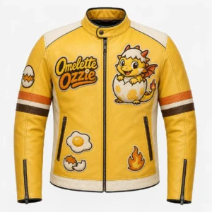 Front view of women's Omelette Ozzie yellow leather racer jacket with snap collar, fried egg patch, and dragon mascot.