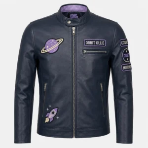 Front view of men's navy blue Orbit Ollie café racer jacket with purple planet and rocket patches.