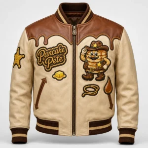 Front view of men's cream Pancake Pete leather bomber jacket featuring cowboy pancake mascot, butter pat patch, and western star sleeve badge.