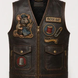 Distressed brown leather vest with sewing-rat mascot and sewing-notion patches, front view.