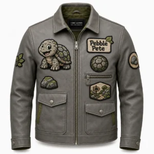Front view of men's slate grey Pebble Pete trucker leather jacket with turtle mascot and mossy rock patches.