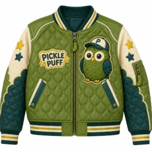 Front view of men's olive green Pickle Puff quilted leather bomber jacket with owl mascot patch, title text, and front zip closure.