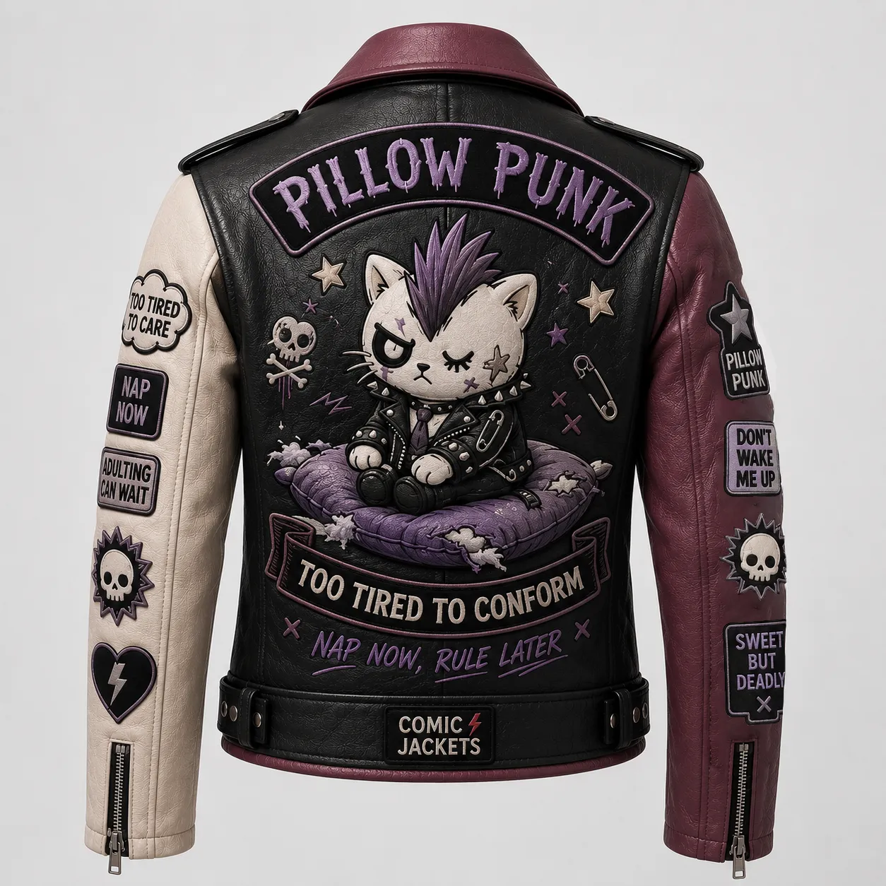 Back view of black leather jacket featuring mohawk punk cat sitting on a purple pillow with PILLOW PUNK top rocker and TOO TIRED TO CONFORM banner.