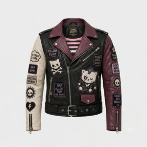 Front view of black, burgundy, and off-white leather moto jacket with Pillow Punk chest patch, punk mohawk cat graphic, and skull crossbones emblem.