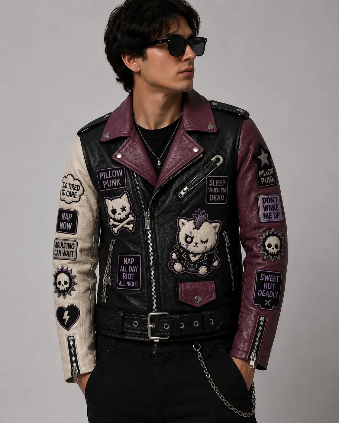 Model wearing tri-color Pillow Punk cat leather motorcycle jacket with Sleep When I'm Dead patch, zippered pockets, and belt buckle waist band.