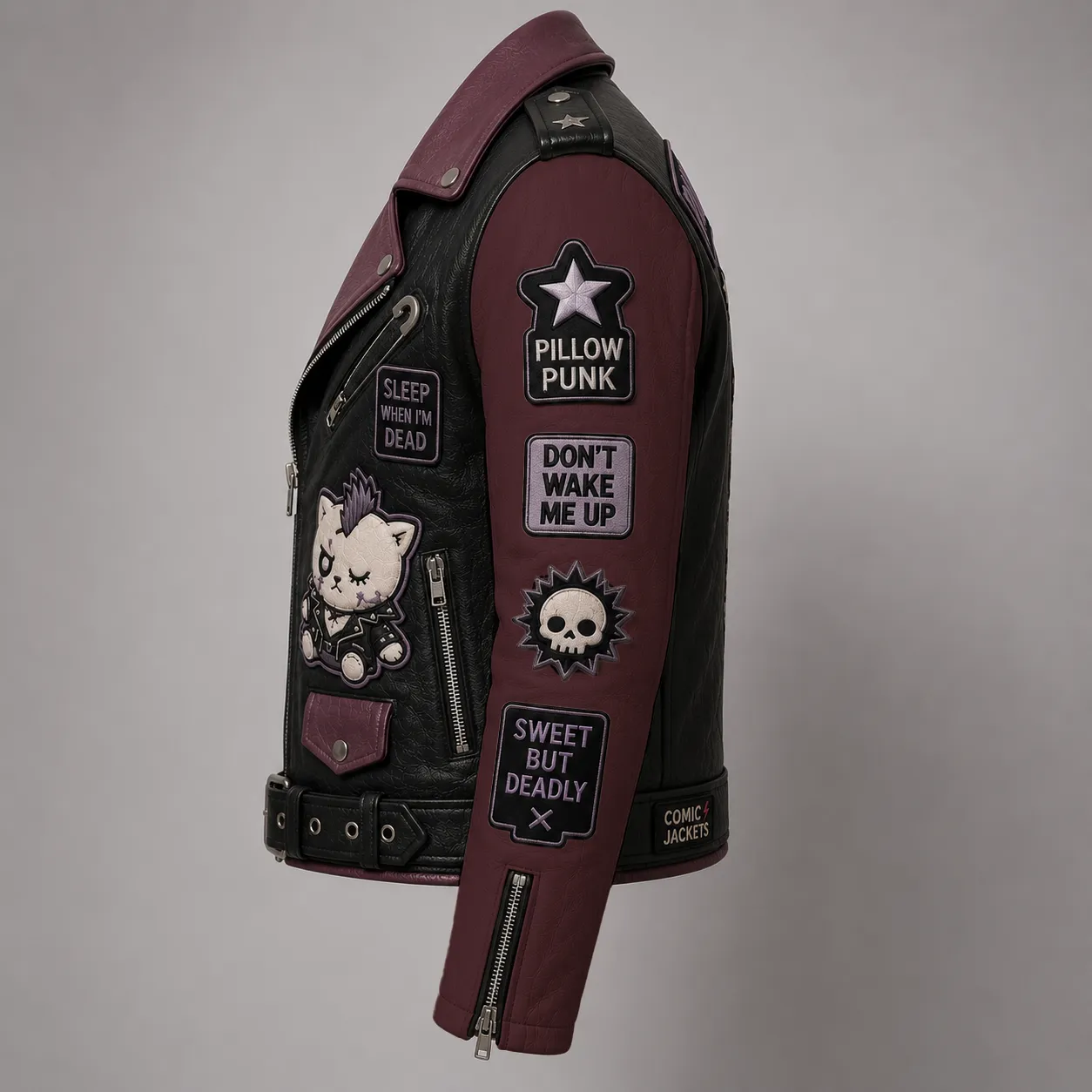 Left side view showing burgundy leather sleeve with PILLOW PUNK, DON'T WAKE ME UP, skull star, and SWEET BUT DEADLY patch badges.