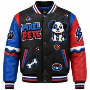 Front view of men's black, blue, and red Pixel Pete varsity leather jacket with pixel dog mascot patch, Pixel Pete title emblem, bone, and bowl badges.