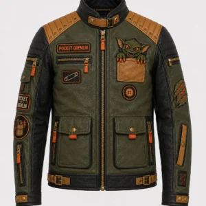 Front view of men's Pocket Gremlin moto leather jacket featuring gremlin pocket patch, cargo pockets, and zipper details.