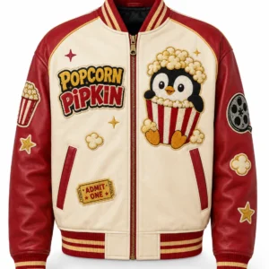 Front view of men's Popcorn Pipkin leather varsity jacket featuring penguin popcorn mascot patch and striped ribbed trim.