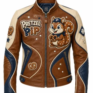 Front view of men's brown Pretzel Pip leather racer jacket featuring squirrel patch, pretzel badge, and mandarin collar.