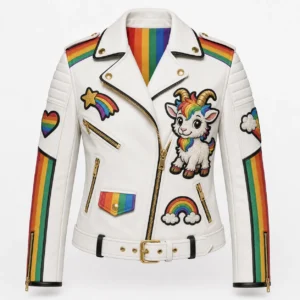 Front view of white Rainbow Billy biker leather jacket featuring baby goat mascot patch, shooting star badge, rainbow coin pocket flap, and waist belt.