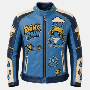 Front view of men's sky blue Rainy Ravi leather racer jacket featuring rainy frog patch, umbrella badge, and lightning bolt graphics.