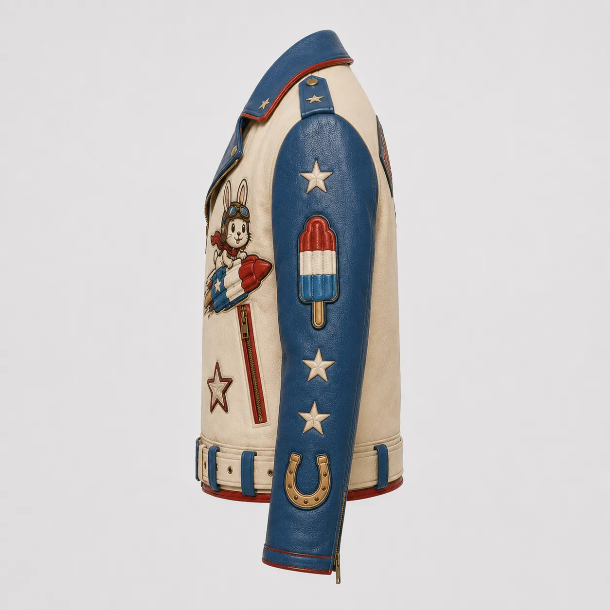 Left side profile view of women's Rocket Pop leather jacket showing pilot bunny rocket patch and blue sleeve details.