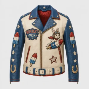 Front view of women's Rocket Pop moto leather jacket featuring blue lapels, pilot bunny patch, and red trim.