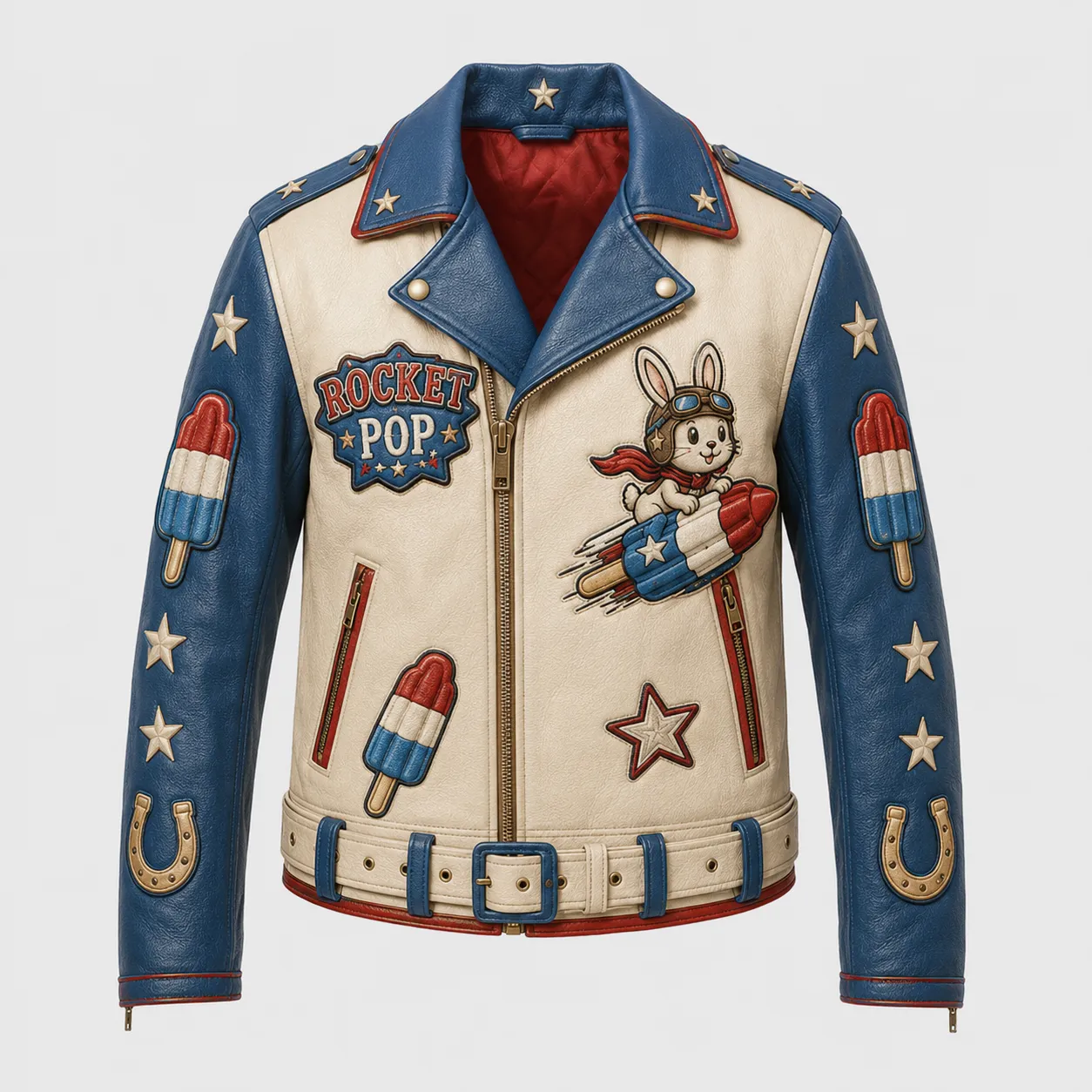 Front view of women's Rocket Pop moto leather jacket featuring blue lapels, pilot bunny patch, and red trim.