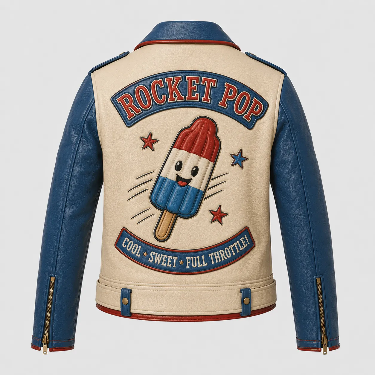 Back view of women's cream and blue Rocket Pop moto leather jacket featuring smiling popsicle mascot and banner patches.