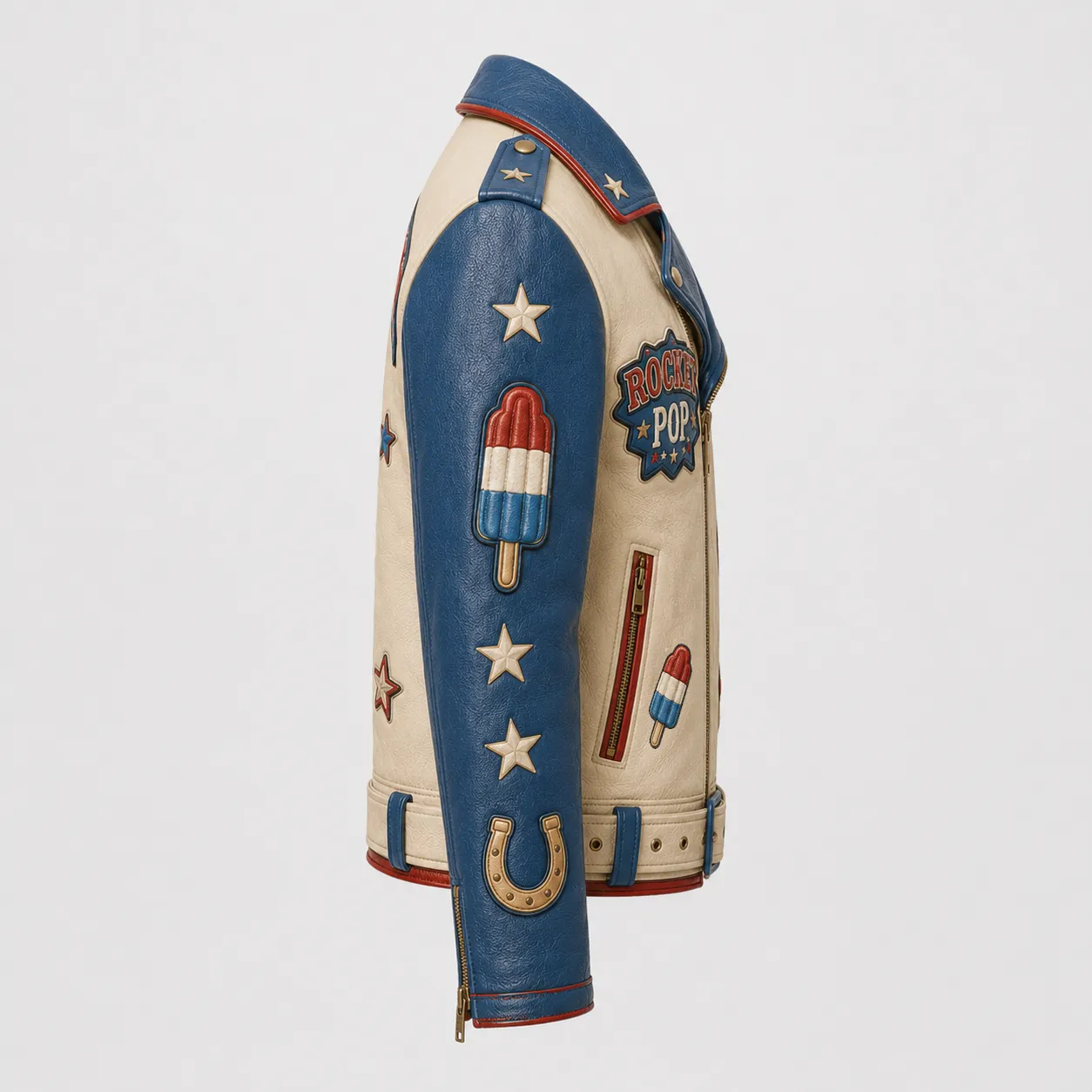 Right side profile view of women's Rocket Pop moto leather jacket showing blue sleeve, popsicle patch, and horseshoe emblem.