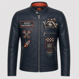 Front flat lay view of men's navy leather café racer jacket with orange quilted inner lining, zip pockets, checkered flag patch, and cartoon raccoon graphic.