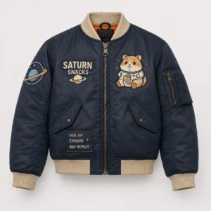Front view of men's navy blue Saturn Snacks hamster bomber jacket with embroidered patches and cream ribbed collar.